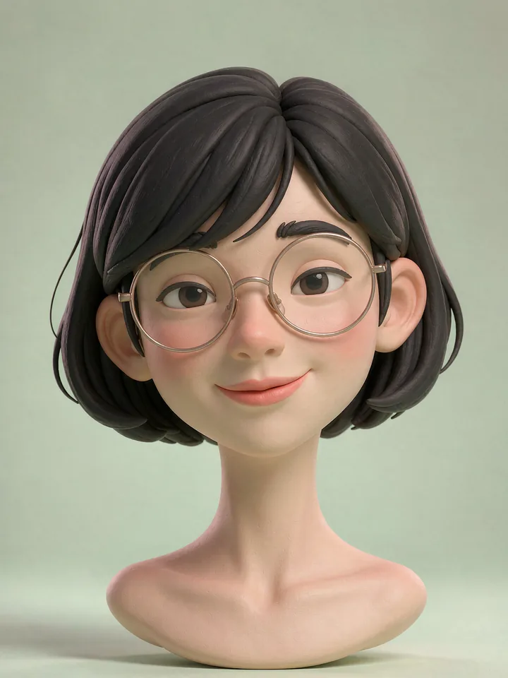 黏土头像模板示例：圆眼镜短发的 3D 粘土人物